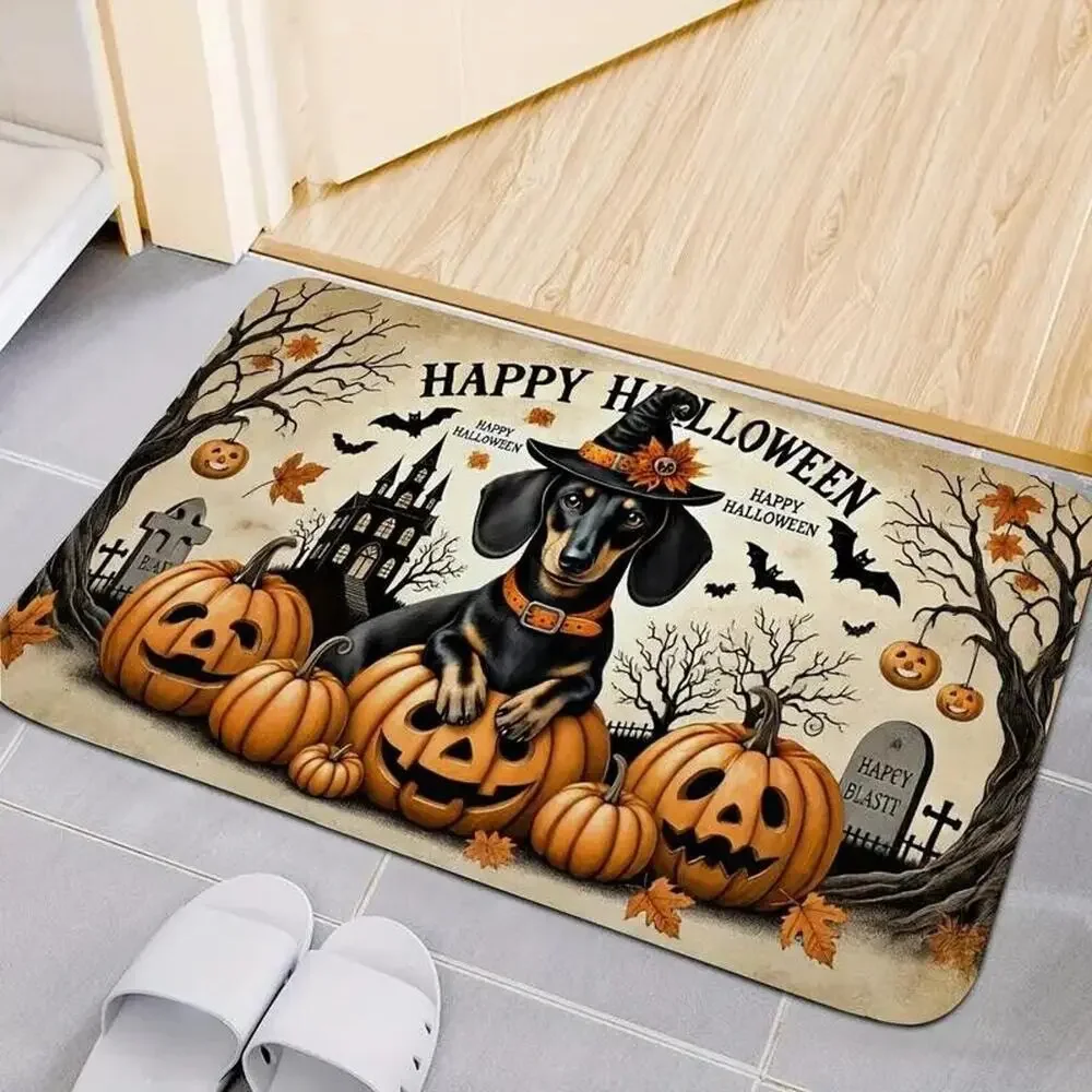 Cemetery Gravestones •Dachshund Halloween Witch Rug Mat • Bats • Jack-O-Lanterns